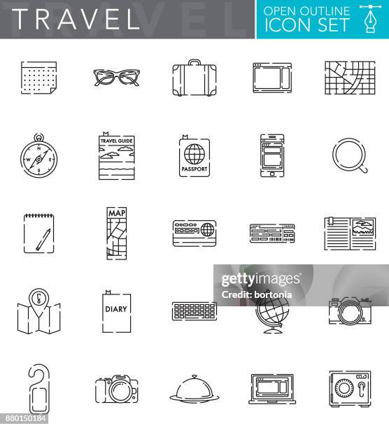 offene kontur-icon-set im flachen design-stil zu reisen - symbol mit offenem umriss stock-grafiken, -clipart, -cartoons und -symbole