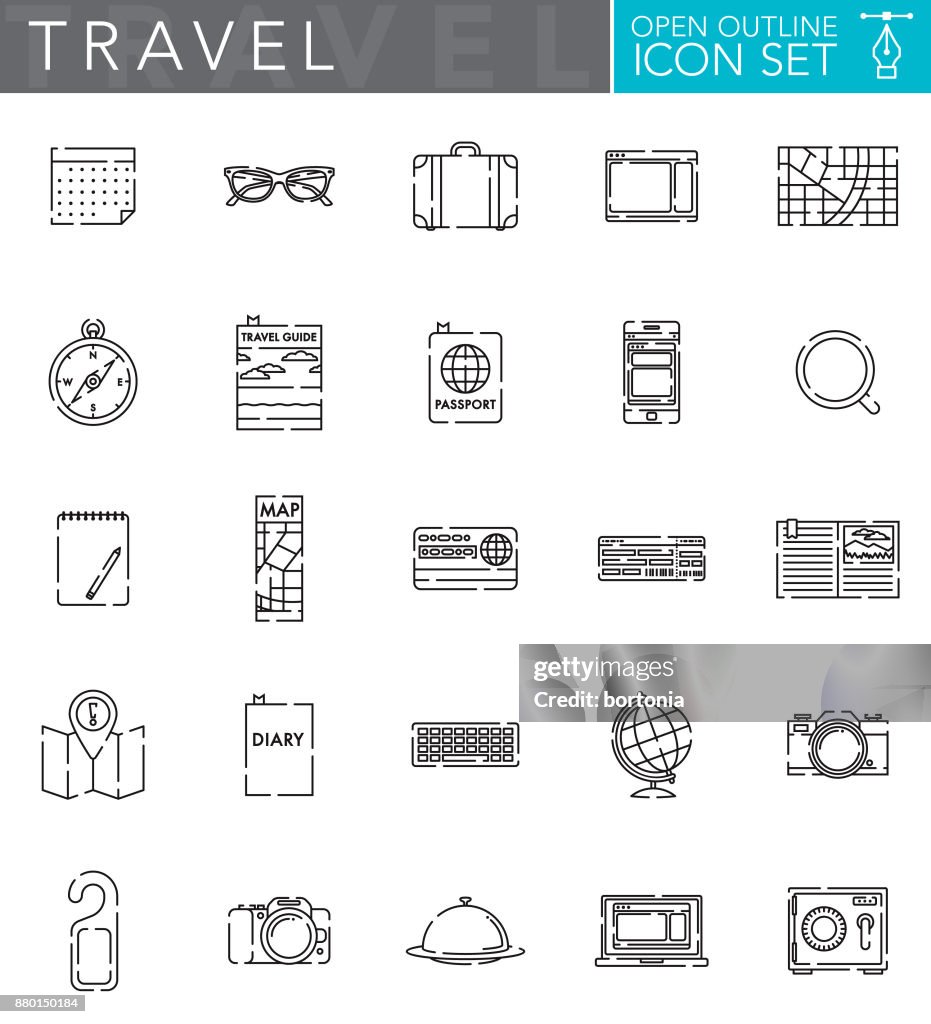 Contour ouvert jeu d’icônes dans le Style Design plat de voyage