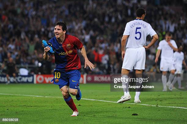 Lionel Messi of Barcelona celebrates scoring the second goal for Barcelona during the UEFA Champions League Final match between Barcelona and...