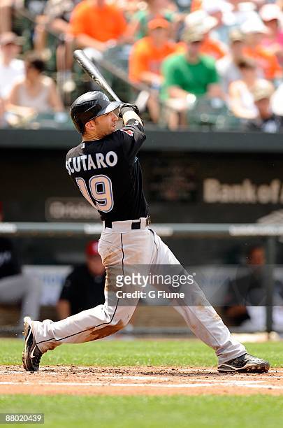 Marco Scutaro of the Toronto Blue Jays bats against the Baltimore Orioles at Camden Yards on May 25, 2009 in Baltimore, Maryland.
