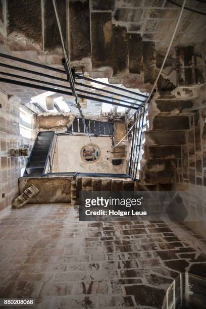 low angle view of stairs in bell tower of cathedral of st. lawrence in old town, trogir, split-dalmatia, croatia - bell tower tower stock-fotos und bilder