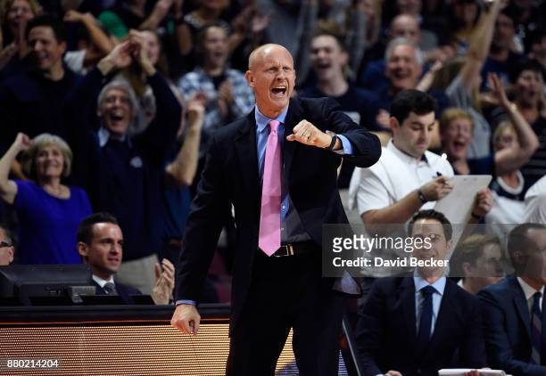 Head coach Chris Mack of the Xavier Musketeers calls to his team against the Arizona State Sun Devils during the championship game of the 2017...