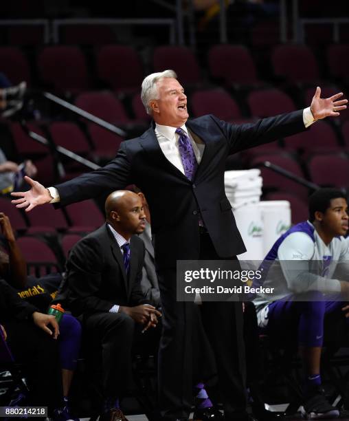 Head coach Bruce Weber of the Kansas State Wildcats gestures while calling to his team against the George Washington Colonials during the 2017...