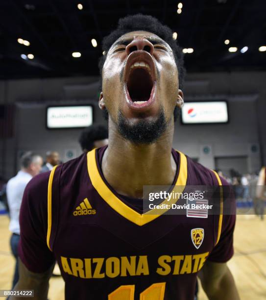 Shannon Evans II of the Arizona State Sun Devils reacts after the team won the championship game against the Xavier Musketeers during the 2017...