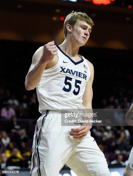 Macura of the Xavier Musketeers reacts after a basket against the Arizona State Sun Devils during the championship game of the 2017 Continental Tire...