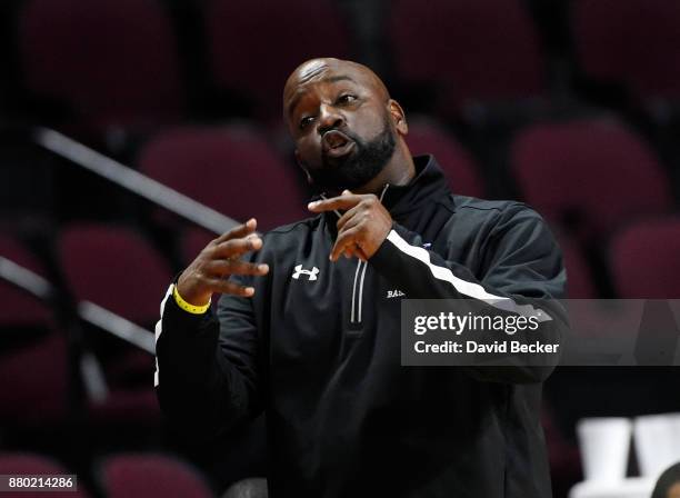 Head coach Edwards Joyner Jr. Of the Hampton Pirates reacts after a call during the championship game of the 2017 Continental Tire Las Vegas...