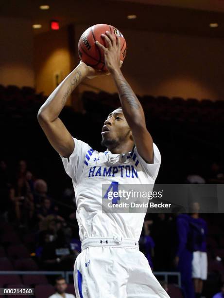 Greg Heckstall of the Hampton Pirates shoots against the Rider Broncs during the championship game of the 2017 Continental Tire Las Vegas...