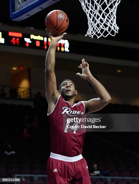 Dimencio Vaughn of the Rider Broncs shoots against the Hampton Pirates during the championship game of the 2017 Continental Tire Las Vegas...