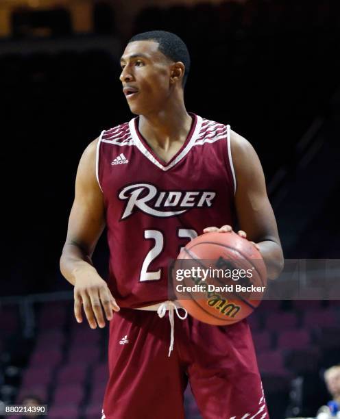 Stevie Jordan of the Rider Broncs looks on with the ball against the Hampton Pirates during the championship game of the 2017 Continental Tire Las...