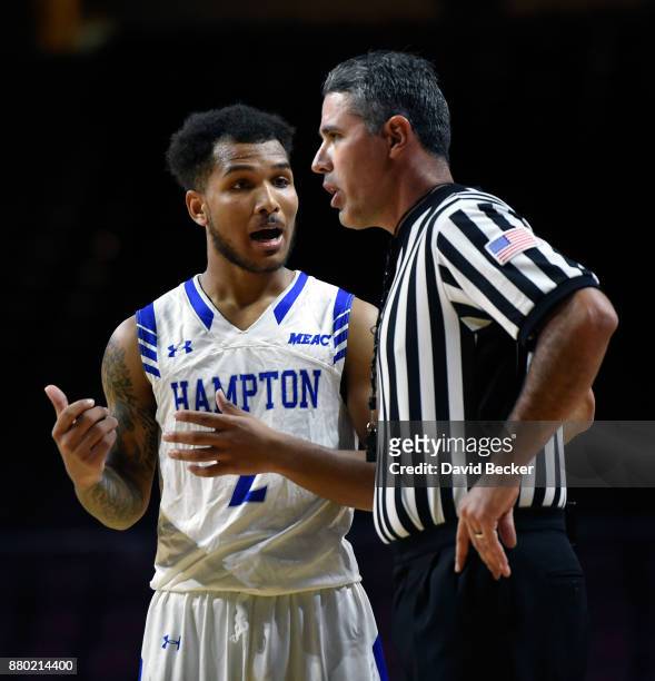 Jermaine Marrow of the Hampton Pirates talks with a referee during the championship game of the 2017 Continental Tire Las Vegas Invitational...