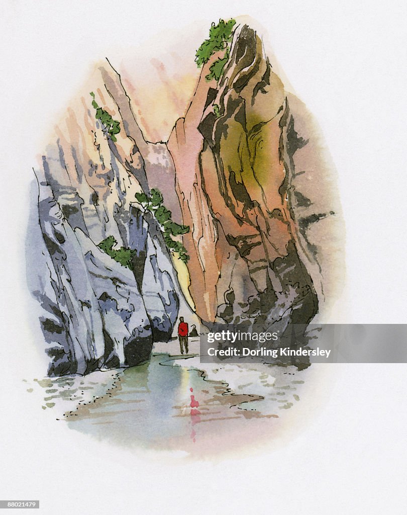 Illustration of of man standing at water's edge in ravine near Gocek