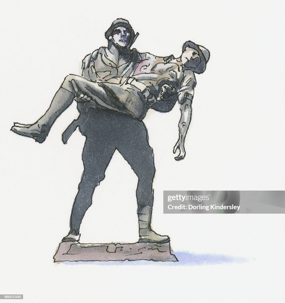 Black and white llustration of Mehmetcik Memorial, showing Turkish Soldier carrying an Australian Soldier, Gallipoli