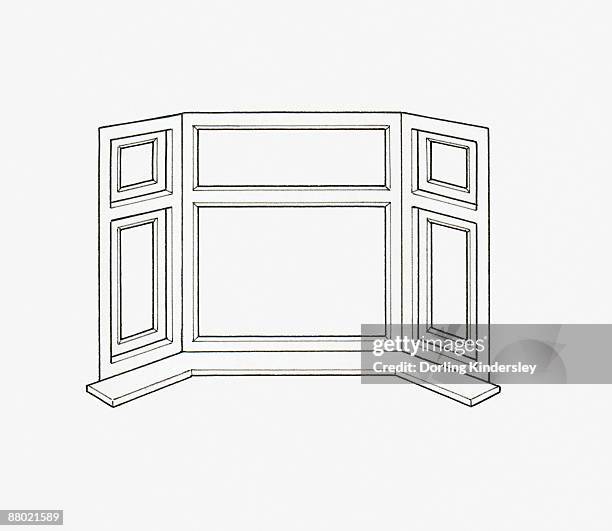 ilustrações, clipart, desenhos animados e ícones de black and white illustration of bay window - janela saliente
