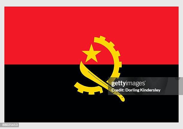 illustration of national flag of angola, with two horizontal red and black bands, and crossed cog wheel, machete,and gold star in center - angola flag stock illustrations