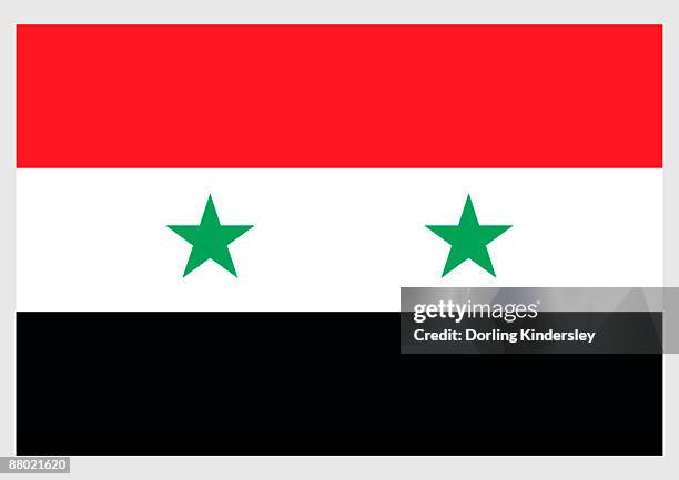 stockillustraties, clipart, cartoons en iconen met illustration of flag of syria, a horizontally striped red, white and black tricolor with two green five-pointed stars in center of white stripe - syrian flag