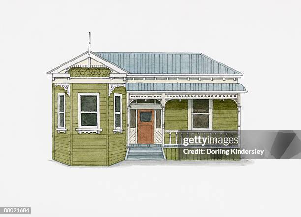 ilustrações de stock, clip art, desenhos animados e ícones de illustration of bay fronted villa, a standard domestic house in 1900s new zealand  - new zealand houses