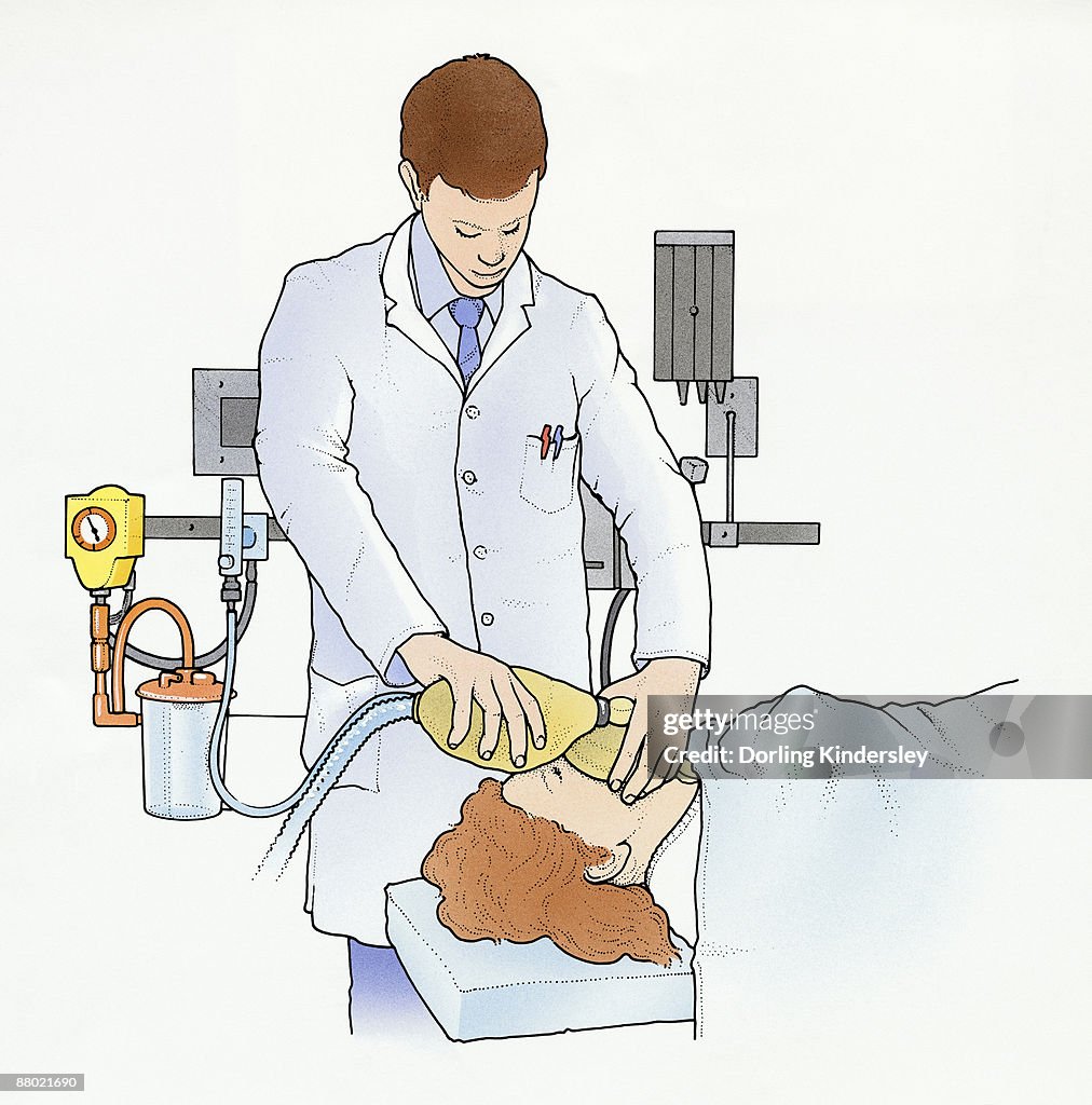 Illustration of anaesthetist administering anaesthetic to patient lying on operating table
