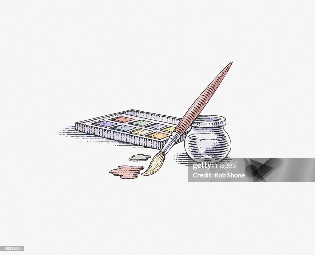 Illustration of watercolour paints, paintbrush, jar of water, and spilt paint