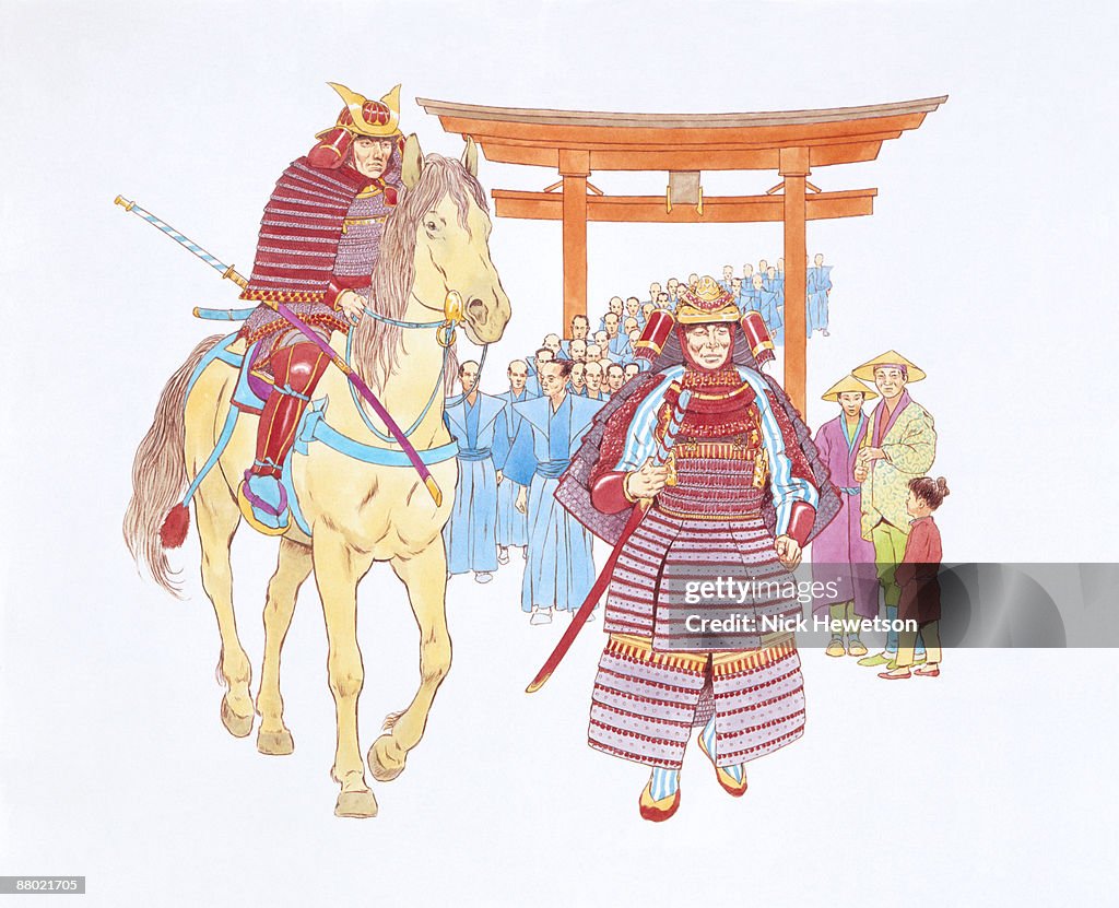 Illustration of Japanese Samurai leading procession of men, during era of the Tokugawa shogunate feudal system, as family look on