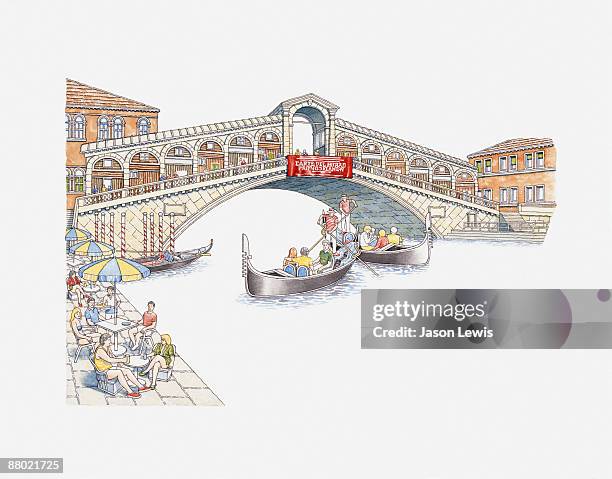 illustration of gondolas on venice's grand canal passing under rialto bridge (ponte di rialto)  - rialto bridge stock-grafiken, -clipart, -cartoons und -symbole