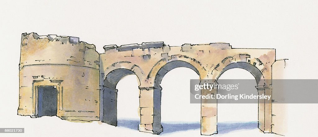 Illustration of Domitian gate flanked by circular tower, Hierapolis