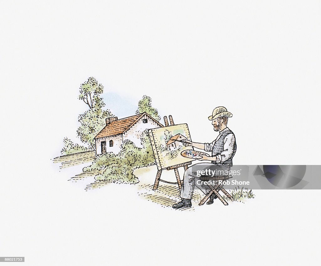 Illustration of Impressionist artist painting country cottage on canvas