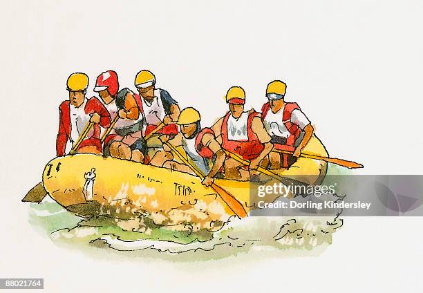 illustration of tourists whitewater rafting rafting  - whitewater rafting stock illustrations