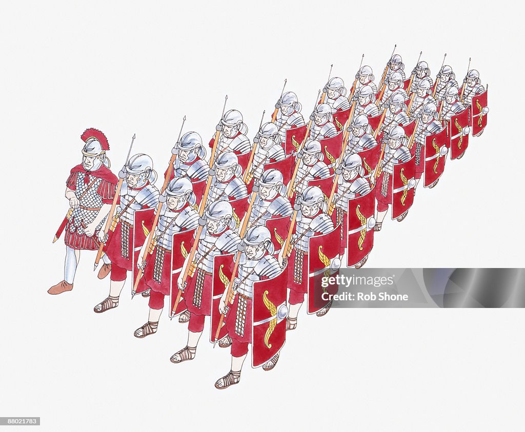 Illustration of Roman Legion marching in formation holding shields and javelins