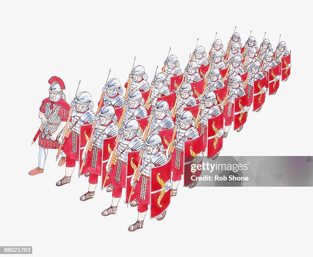 illustrazioni stock, clip art, cartoni animati e icone di tendenza di illustration of roman legion marching in formation holding shields and javelins - marciare