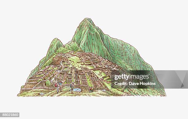 illustration of inca site of machu picchu built on mountain ridge below huayna picchu, peru - machu picchu stock-grafiken, -clipart, -cartoons und -symbole