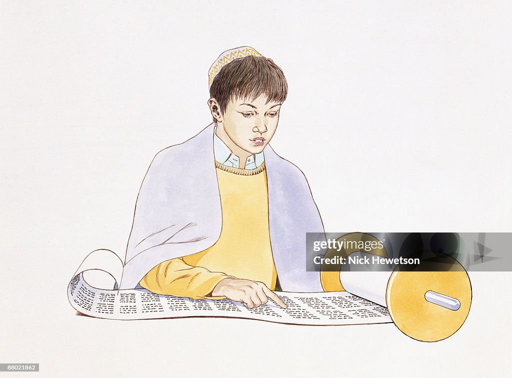 Illustration of Jewish teenage boy reading the Torah