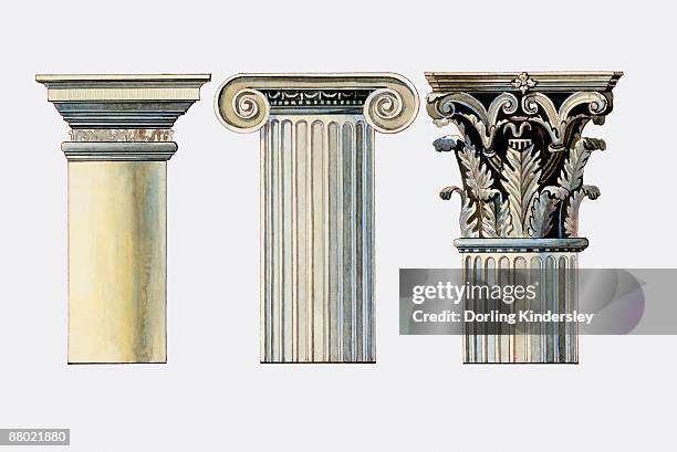 illustration of doric, ionic and corinthian column capitals - ionic stock illustrations