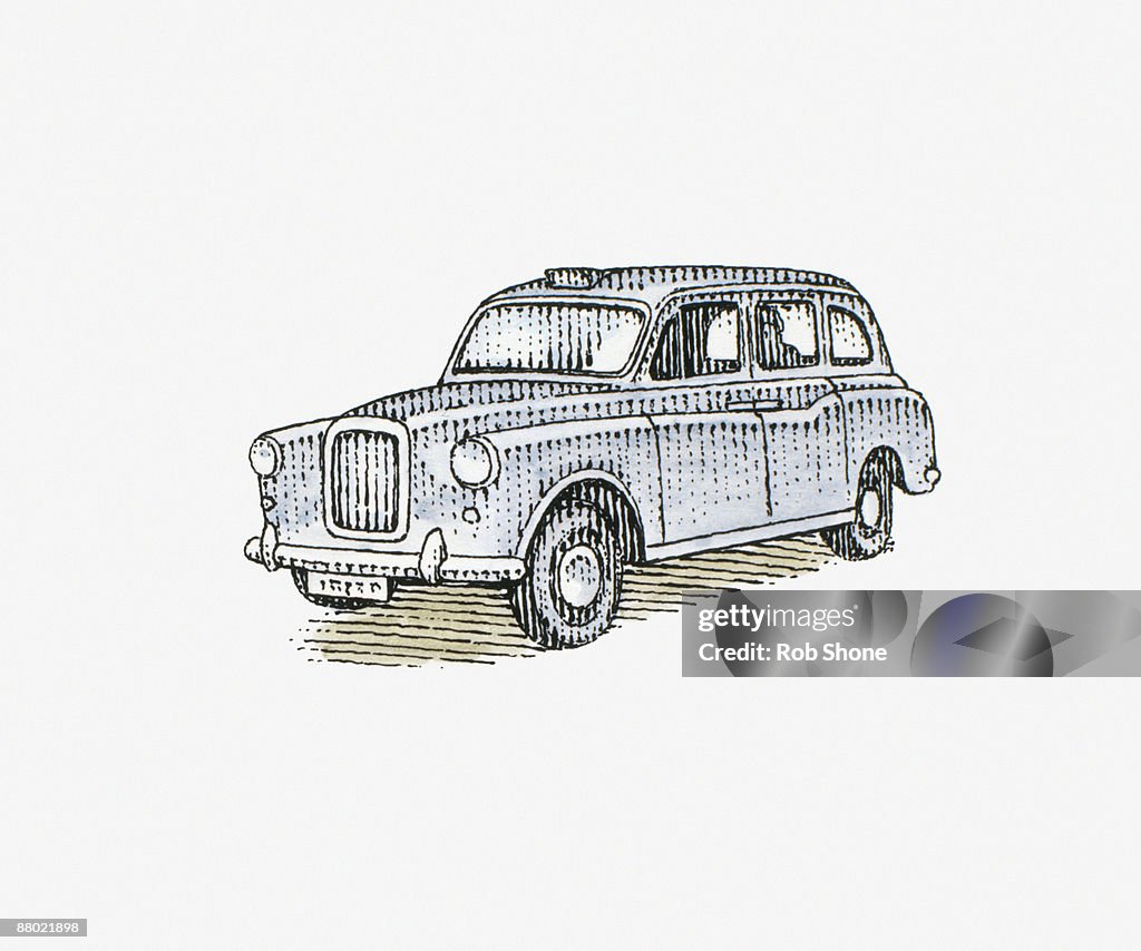 Black and white illustration of a London taxi