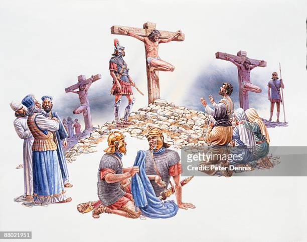 illustration of the crucifixion of jesus and thieves at calvary (golgotha) - arab woman standing stock illustrations