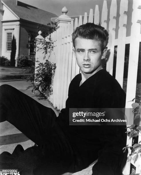 Actor James Dean poses for a photo on the set of the Warner Bros film 'East Of Eden' in 1954 in California.