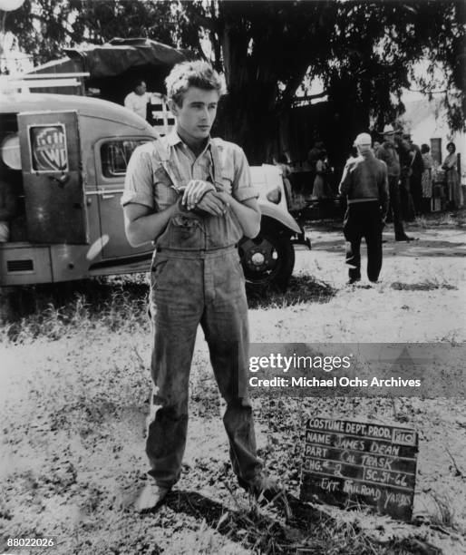 Actor James Dean , on the set of the Warner Bros film 'East Of Eden' in 1954 in California.