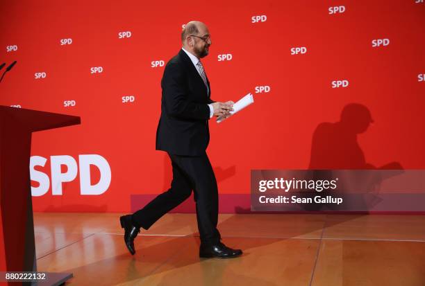 Martin Schulz, leader of the German Social Democrats , departs after speaking to the media following a meeting of the SPD leadership on November 27,...