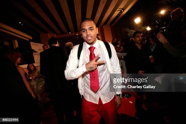 Singer Chris Brown arrives at the Sony/BMG Grammy After Party at the Beverly Hills Hotel on February 10, 2008 in Beverly Hills, California.