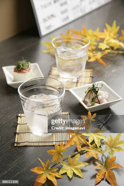 cold sake and appetizer - hiyayakko fotografías e imágenes de stock