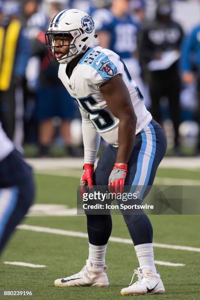 Tennessee Titans linebacker Jayon Brown looks over the offense before the snap during the NFL game between the Tennessee Titans and Indianapolis...