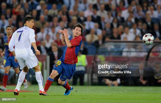 Cristiano Ronaldo of Manchester United FC and Lionel Messi of Barcelona during the UEFA Champions League Final match between Barcelona and Manchester...