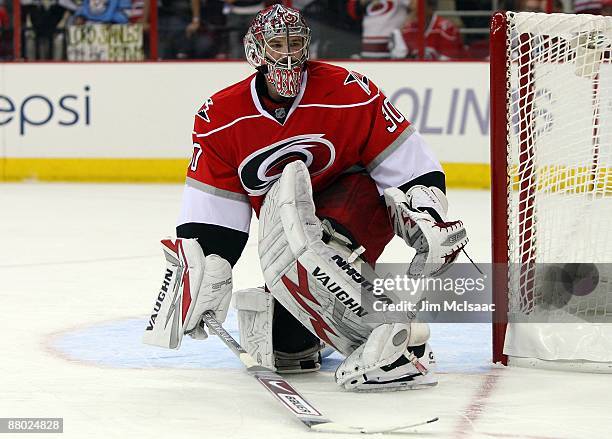 Cam Ward of the Carolina Hurricanes skates against the Pittsburgh Penguins during Game Four of the Eastern Conference Championship Round of the 2009...