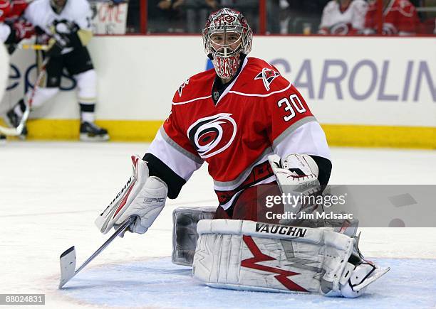 Cam Ward of the Carolina Hurricanes skates against the Pittsburgh Penguins during Game Four of the Eastern Conference Championship Round of the 2009...