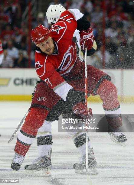 Joe Corvo of the Carolina Hurricanes skates against the Pittsburgh Penguins during Game Four of the Eastern Conference Championship Round of the 2009...