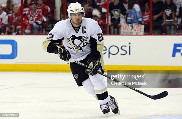 Sidney Crosby of the Pittsburgh Penguins skates against the Carolina Hurricanes during Game Four of the Eastern Conference Championship Round of the...