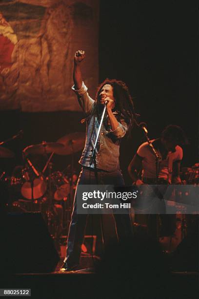 Reggae singer-guitarist Bob Marley performs at The Fabulous Fox Theater on November 12, 1979 in Atlanta, Georgia.