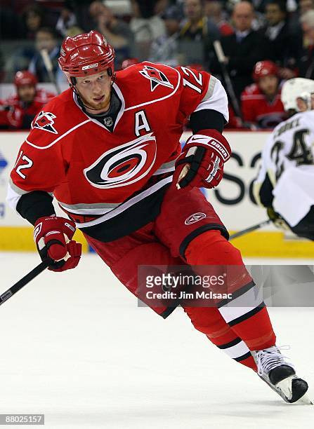 Eric Staal of the Carolina Hurricanes skates against the Pittsburgh Penguins during Game Four of the Eastern Conference Championship Round of the...
