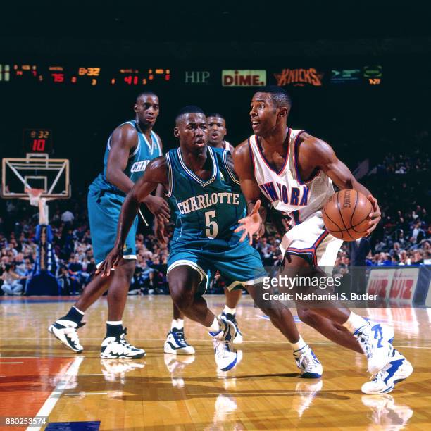 Charlie Ward of the New York Knicks drives during a game played on November 3, 1996 at Madison Square Garden in New York City . NOTE TO USER: User...