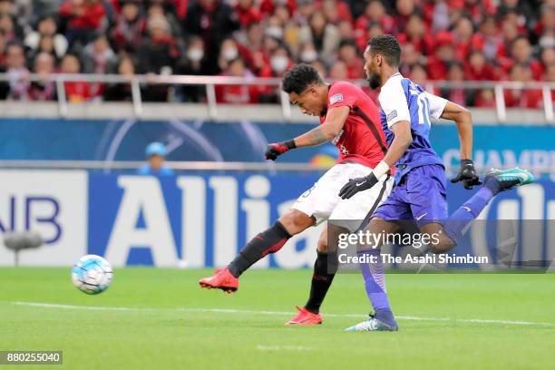 Rafael Silva of Urawa Red Diamonds scores the opening goal during the AFC Champions League Final second leg match between Urawa Red Diamonds and...
