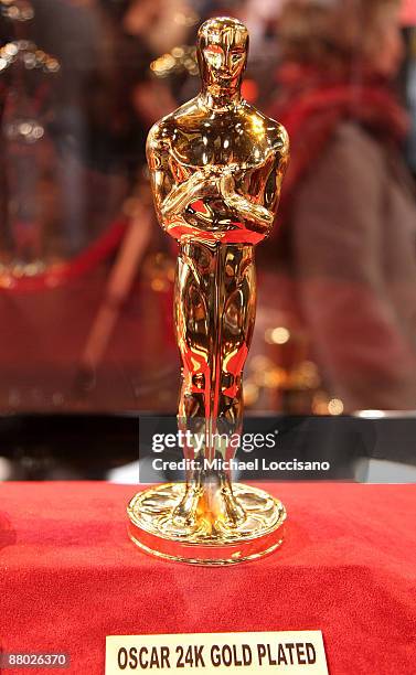 General view of an Oscar statue at the "Meet The Oscars" press preview display in New York City's Times Square Studios on February 15, 2008.